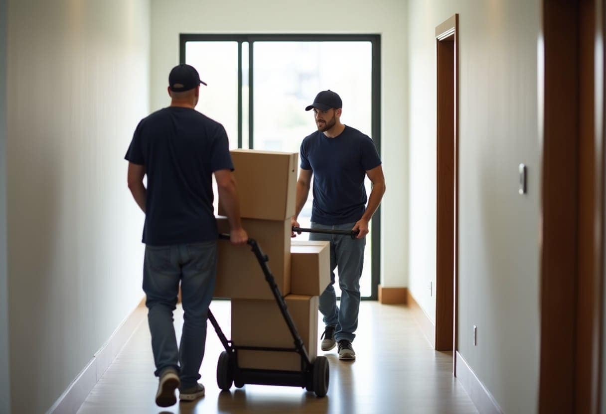 Origin Movers crew carrying boxes through a Denver hallway